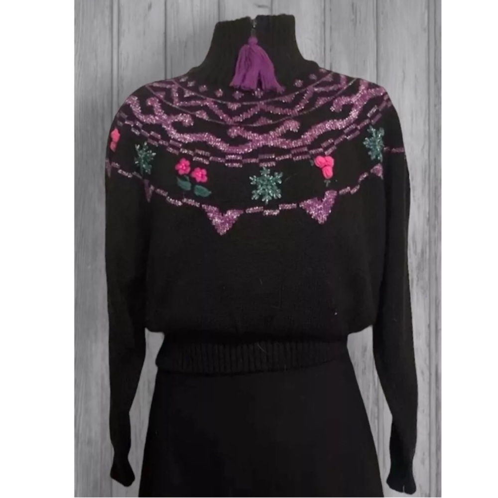 New Vintage 80s Obermeyer wool blend Fair Isle Folk Sweater Floral embroidered L